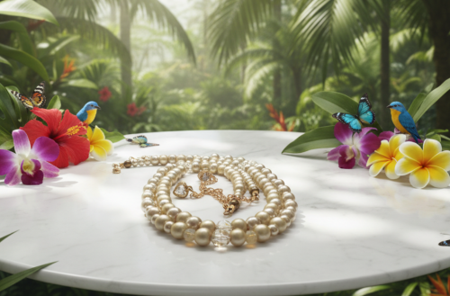 Radiant Crystal and Beige Matt Beads, Two-strand Beaded Necklace