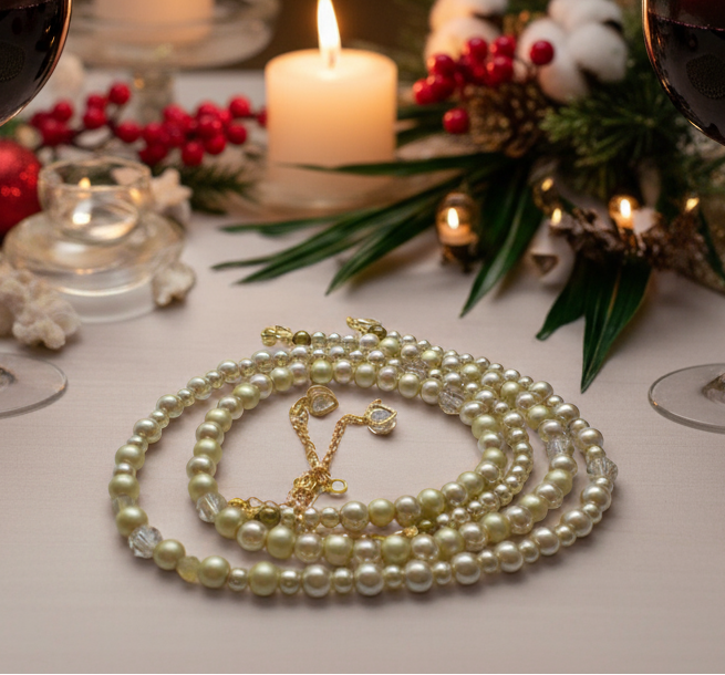 Radiant Crystal and Beige Matt Beads, Two-strand Beaded Necklace