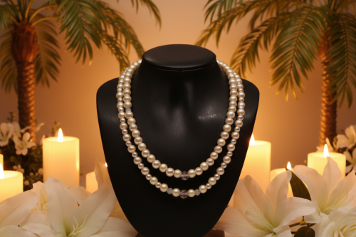 Radiant Crystal and Beige Matt Beads, Two-strand Beaded Necklace