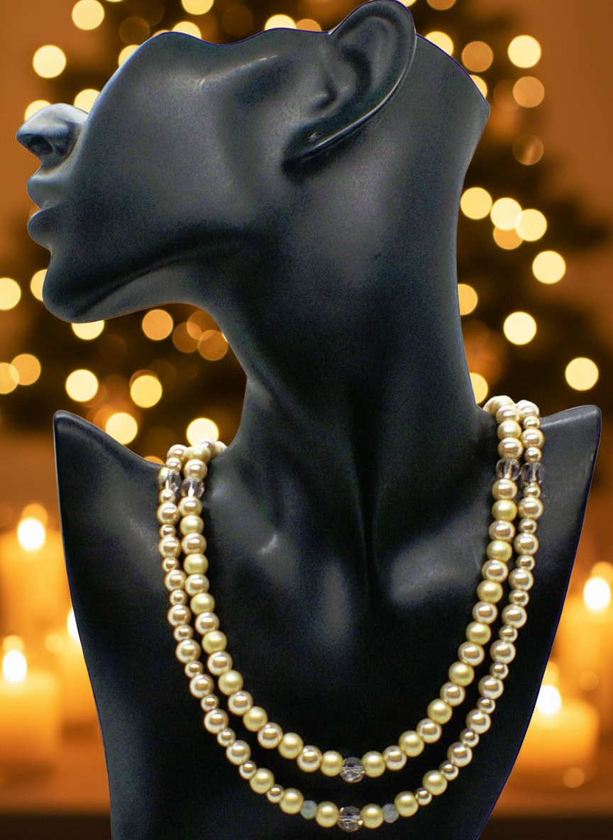 Radiant Crystal and Beige Matt Beads, Two-strand Beaded Necklace