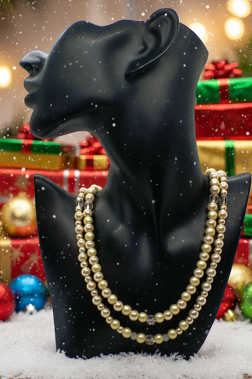 Radiant Crystal and Beige Matt Beads, Two-strand Beaded Necklace