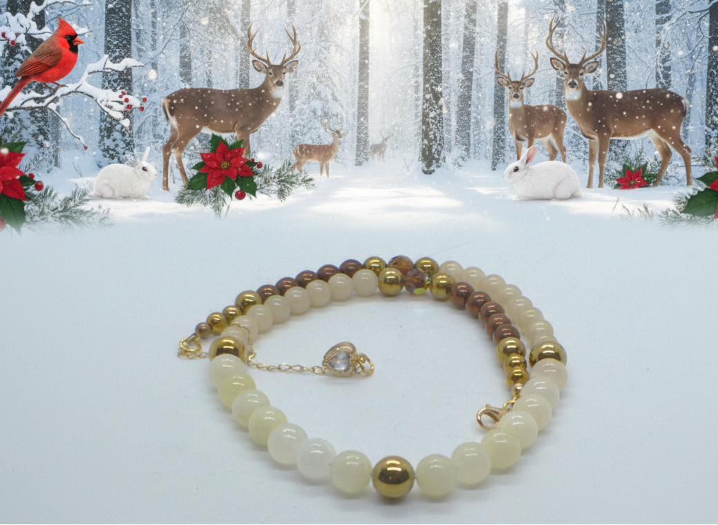 Elegant Ivory and Brown, Czech Crystal, and Gold Hematite Beaded Necklace Set, One-of-a-Kind, handcrafted by Artistry Jewelry