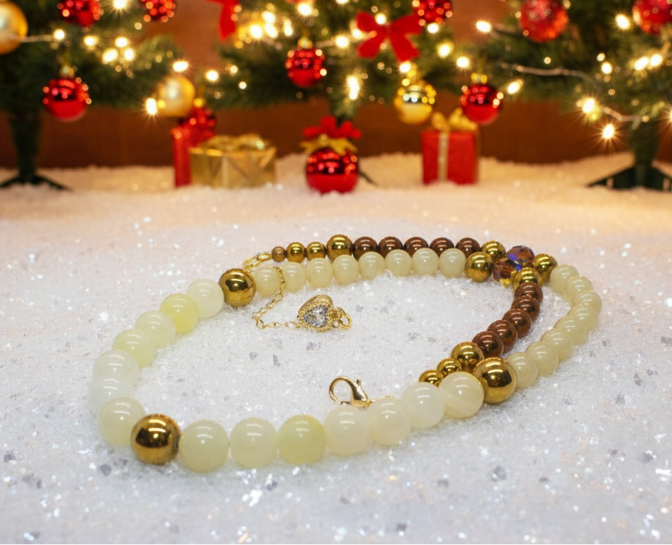 Elegant Ivory and Brown, Czech Crystal, and Gold Hematite Beaded Necklace Set, One-of-a-Kind, handcrafted by Artistry Jewelry