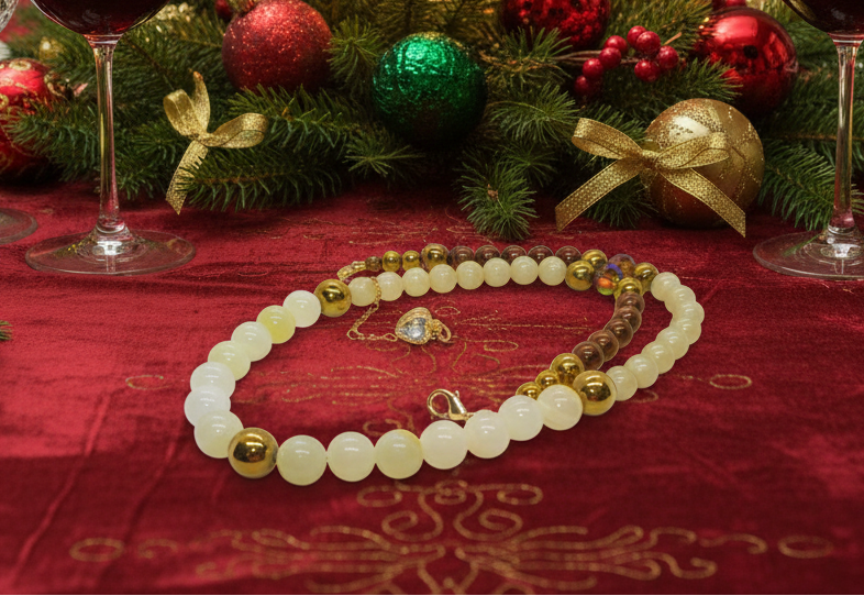 Elegant Ivory and Brown, Czech Crystal, and Gold Hematite Beaded Necklace Set, One-of-a-Kind, handcrafted by Artistry Jewelry