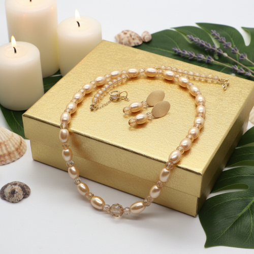 Sweet Golden Shadow Crystals, Light Peach/Champagne Beaded Necklace Set-crafted by Artistry Jewelry