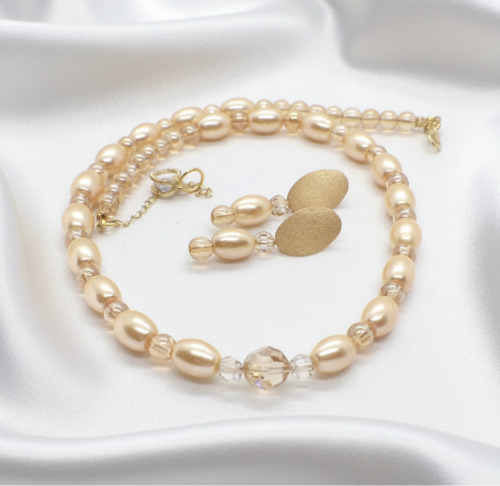 Sweet Golden Shadow Crystals, Light Peach/Champagne Beaded Necklace Set-crafted by Artistry Jewelry