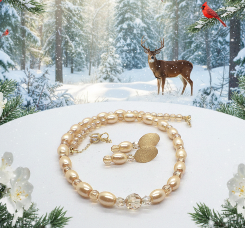 Sweet Golden Shadow Crystals, Light Peach/Champagne Beaded Necklace Set-crafted by Artistry Jewelry