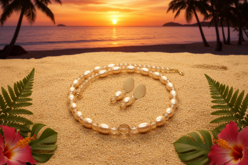 Sweet Golden Shadow Crystals, Light Peach/Champagne Beaded Necklace Set-crafted by Artistry Jewelry