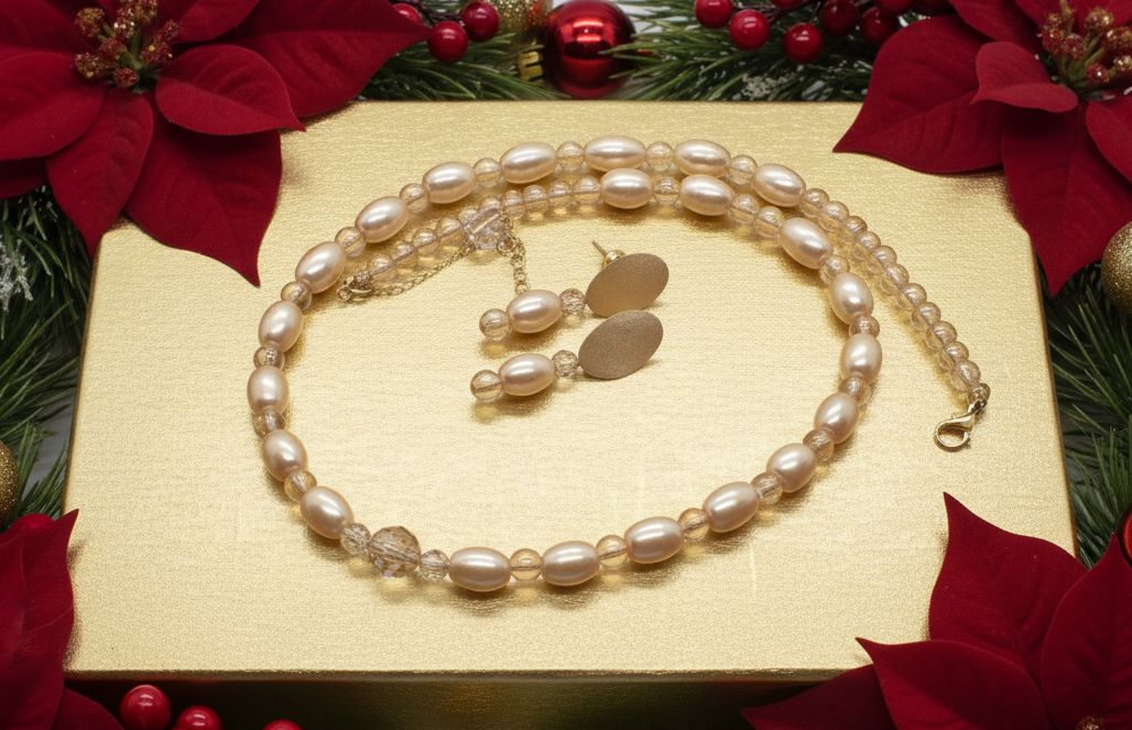 Sweet Golden Shadow Crystals, Light Peach/Champagne Beaded Necklace Set-crafted by Artistry Jewelry