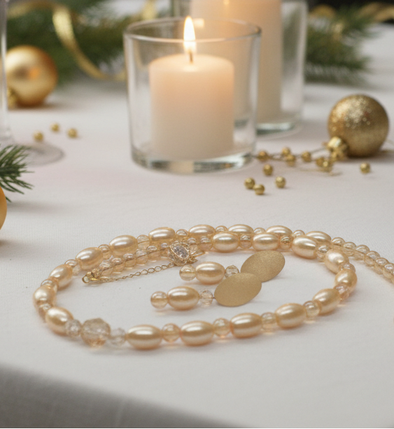 Sweet Golden Shadow Crystals, Light Peach/Champagne Beaded Necklace Set-crafted by Artistry Jewelry