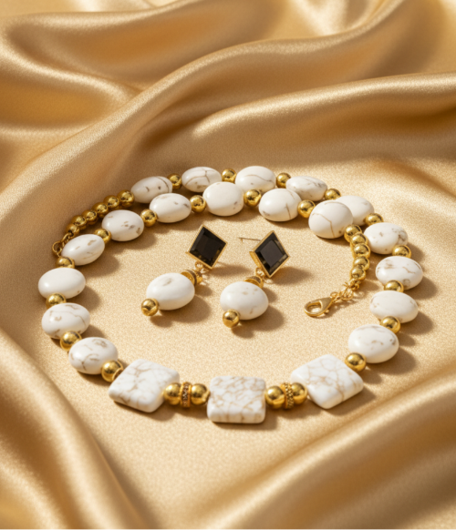Enticing White Magnesite and Gold Beaded Necklace Set