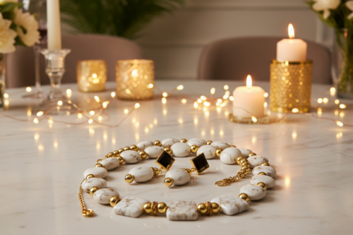 Enticing White Magnesite and Gold Beaded Necklace Set