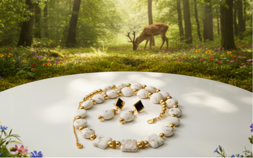 Enticing White Magnesite and Gold Beaded Necklace Set
