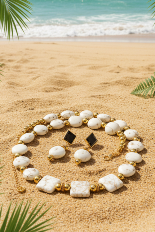 Enticing White Magnesite and Gold Beaded Necklace Set