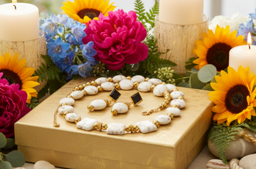 Enticing White Magnesite and Gold Beaded Necklace Set