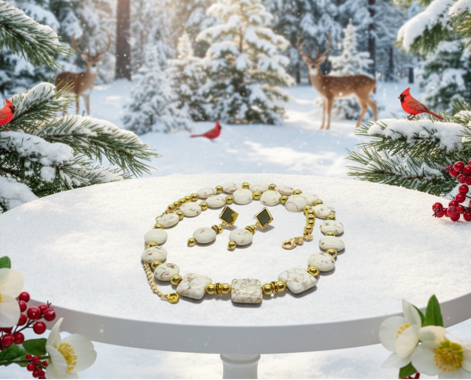 Enticing White Magnesite and Gold Beaded Necklace Set