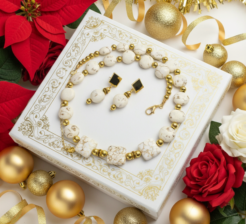 Enticing White Magnesite and Gold Beaded Necklace Set