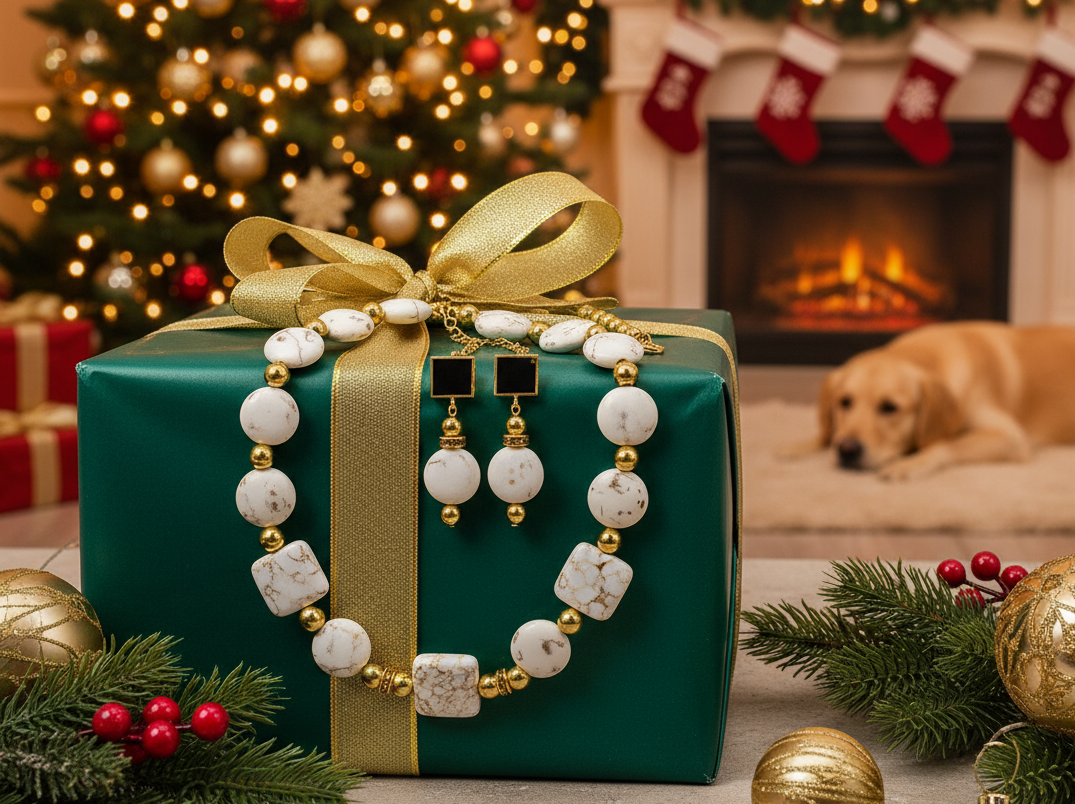 Enticing White Magnesite and Gold Beaded Necklace Set