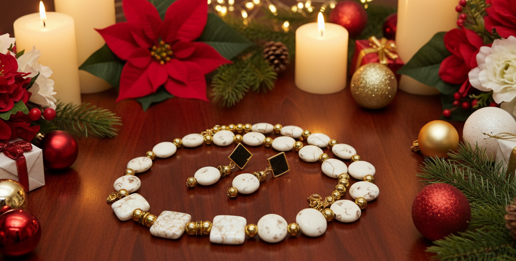 Enticing White Magnesite and Gold Beaded Necklace Set