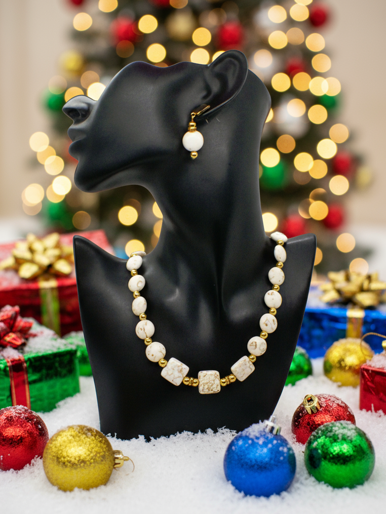 Enticing White Magnesite and Gold Beaded Necklace Set