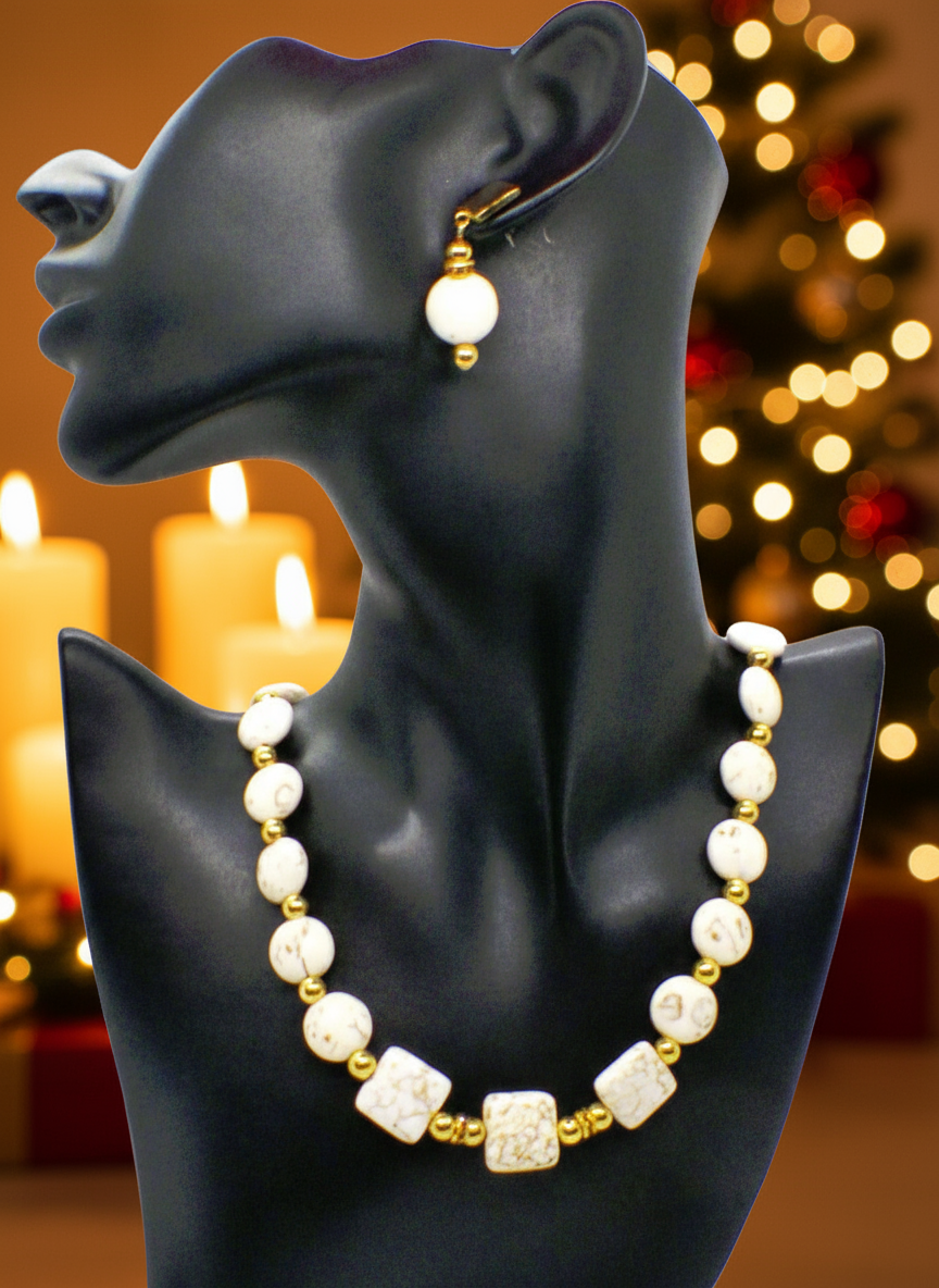 Enticing White Magnesite and Gold Beaded Necklace Set