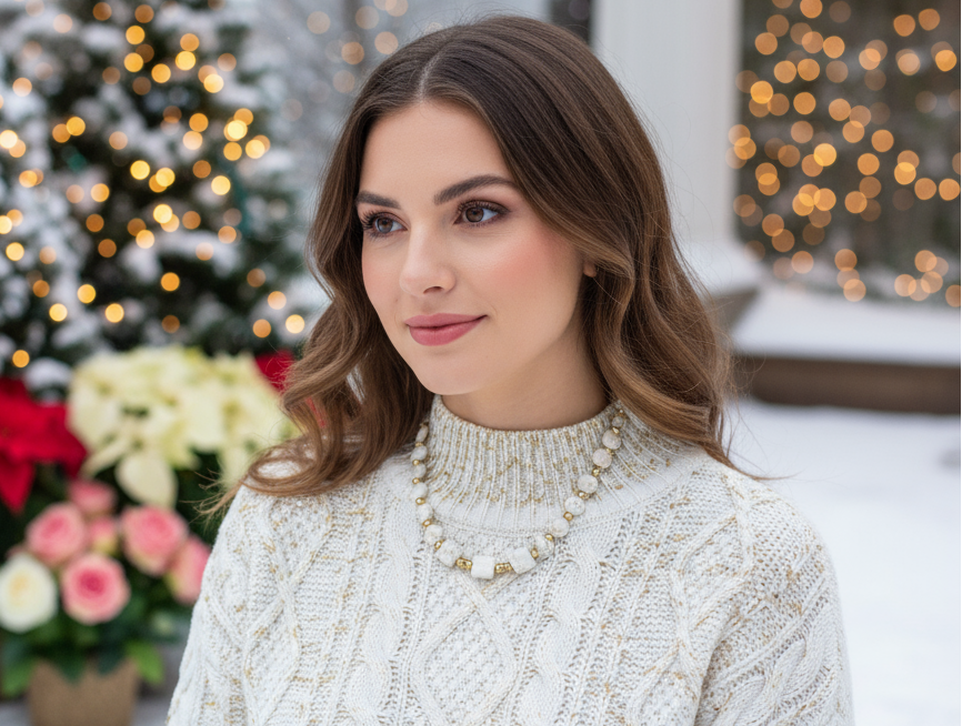 Enticing White Magnesite and Gold Beaded Necklace Set