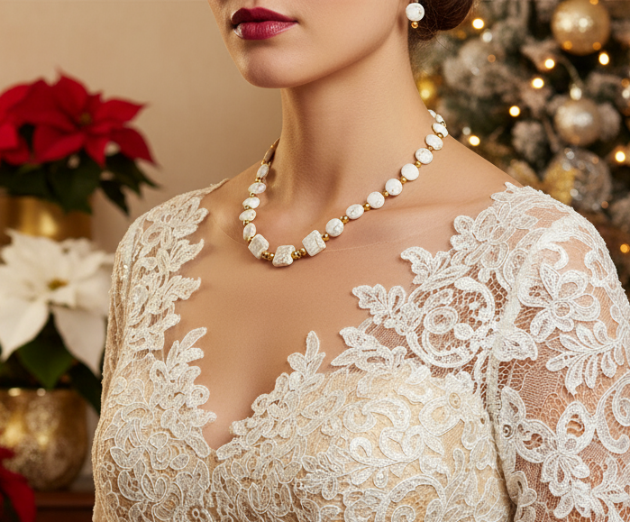 Enticing White Magnesite and Gold Beaded Necklace Set