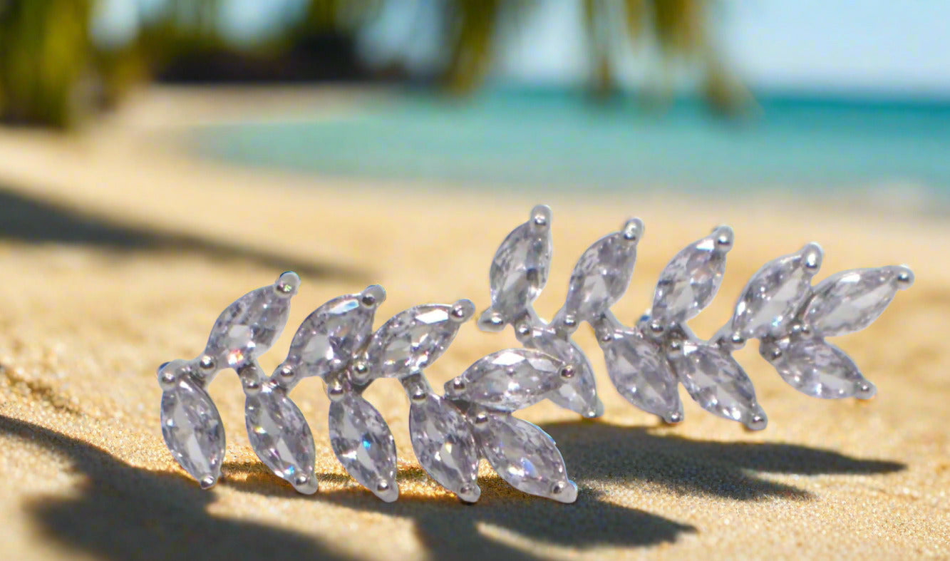 Exquisite Silver Cubic Zirconia Leaf Drop Earrings