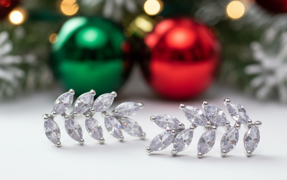 Exquisite Silver Cubic Zirconia Leaf Drop Earrings