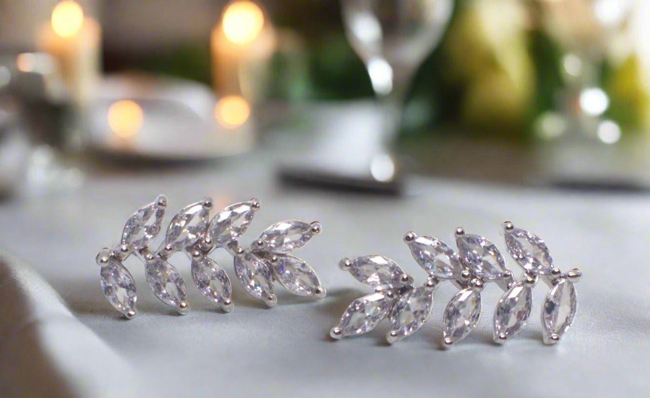 Exquisite Silver Cubic Zirconia Leaf Drop Earrings