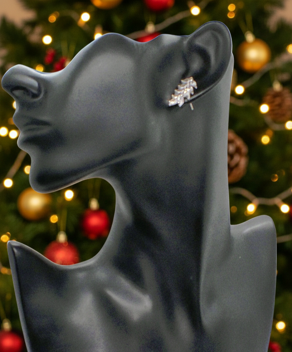 Exquisite Silver Cubic Zirconia Leaf Drop Earrings