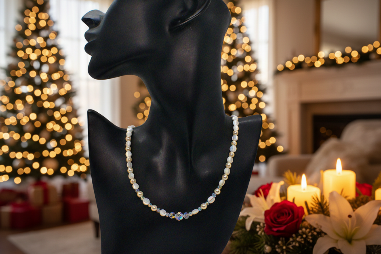 Elegant Mother of Pearl and Crystal Necklace