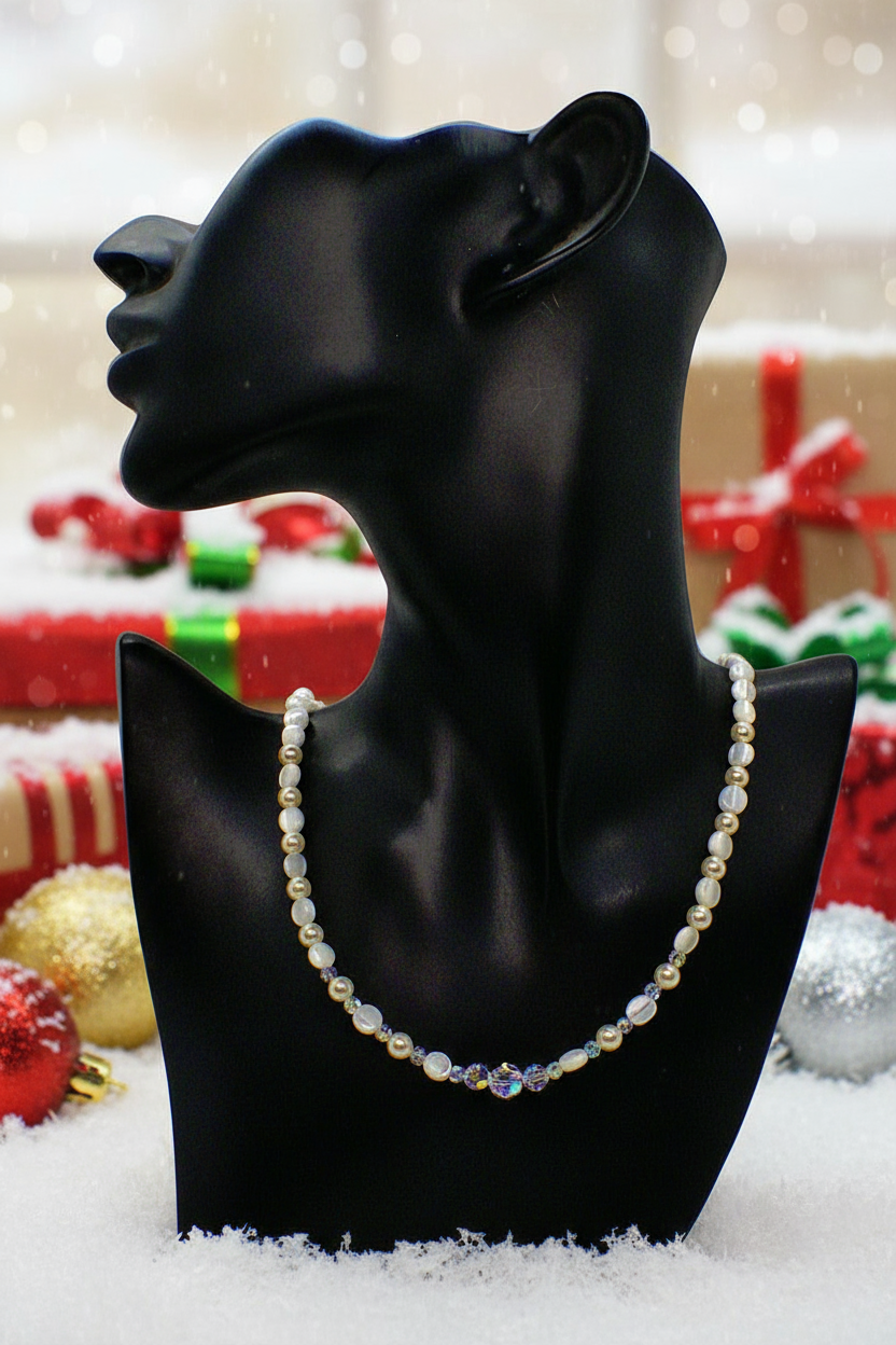 Elegant Mother of Pearl and Crystal Necklace