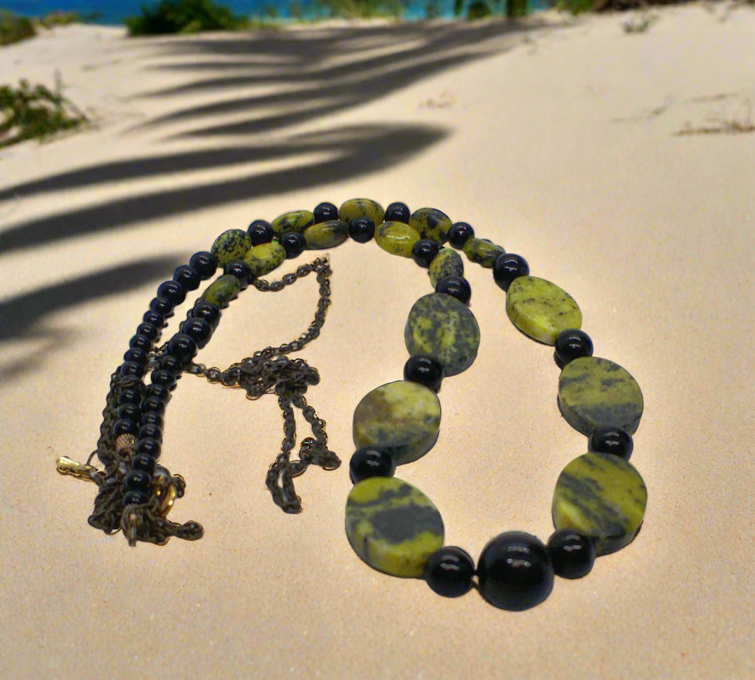 Enchanting Yellow Turquoise and Black Onyx, Semi-precious, One-of-a-Kind Necklace-handcrafted by Artistry Jewelry