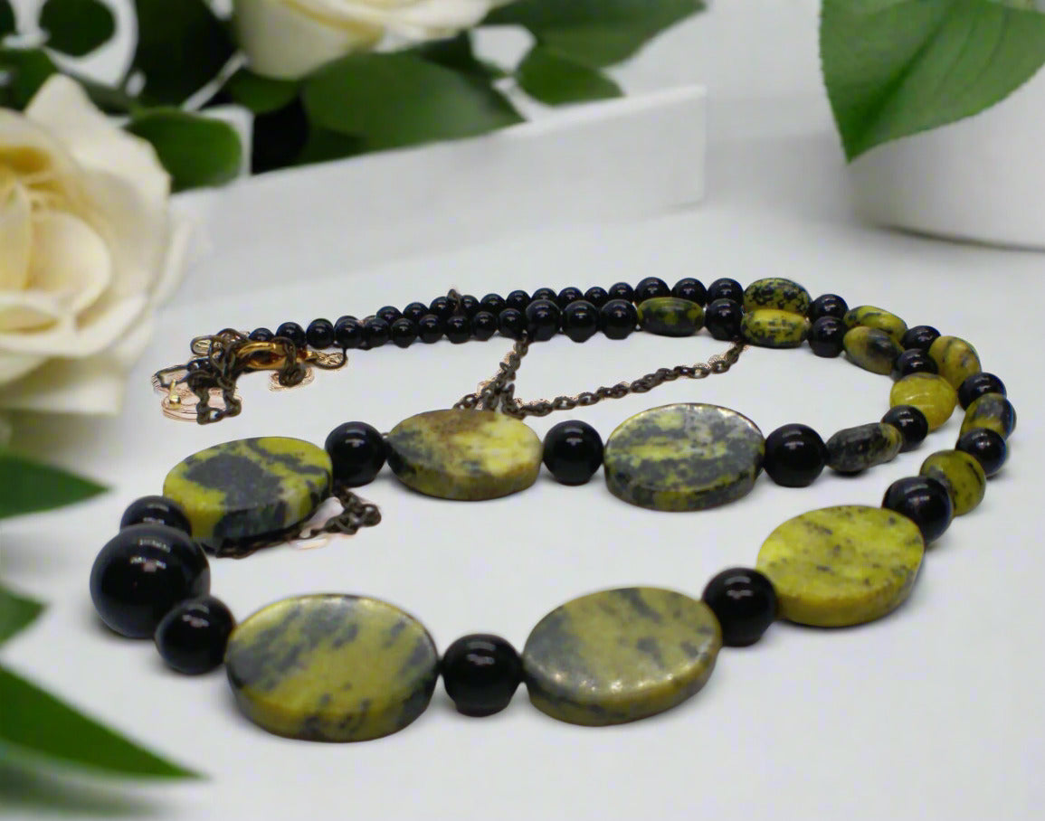 Enchanting Yellow Turquoise and Black Onyx, Semi-precious, One-of-a-Kind Necklace-handcrafted by Artistry Jewelry