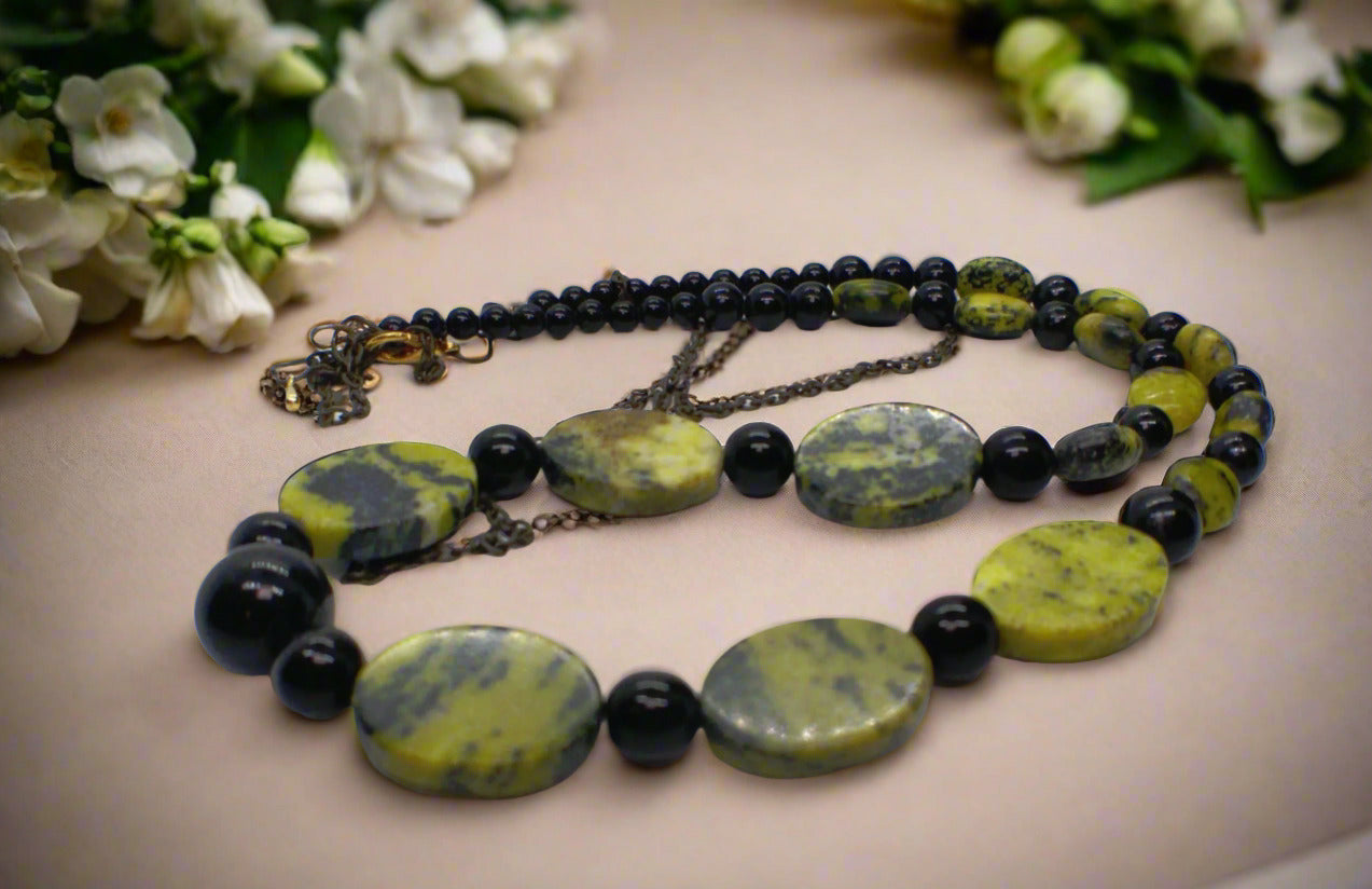 Enchanting Yellow Turquoise and Black Onyx, Semi-precious, One-of-a-Kind Necklace-handcrafted by Artistry Jewelry