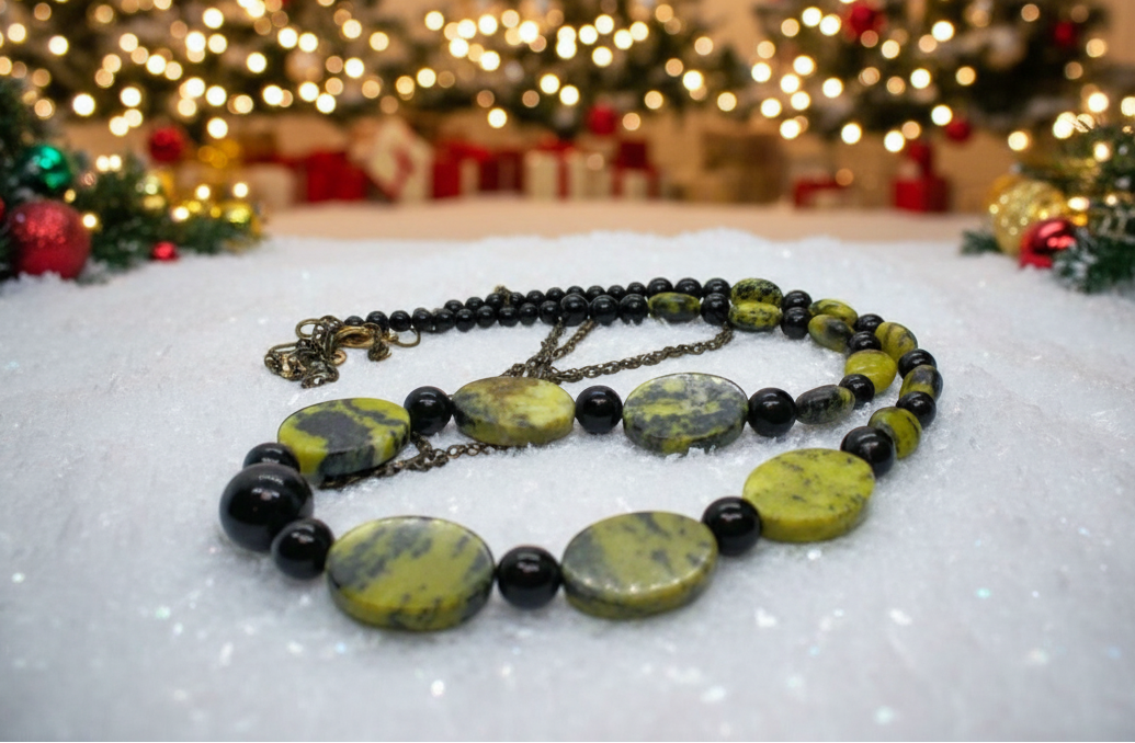 Enchanting Yellow Turquoise and Black Onyx, Semi-precious, One-of-a-Kind Necklace-handcrafted by Artistry Jewelry