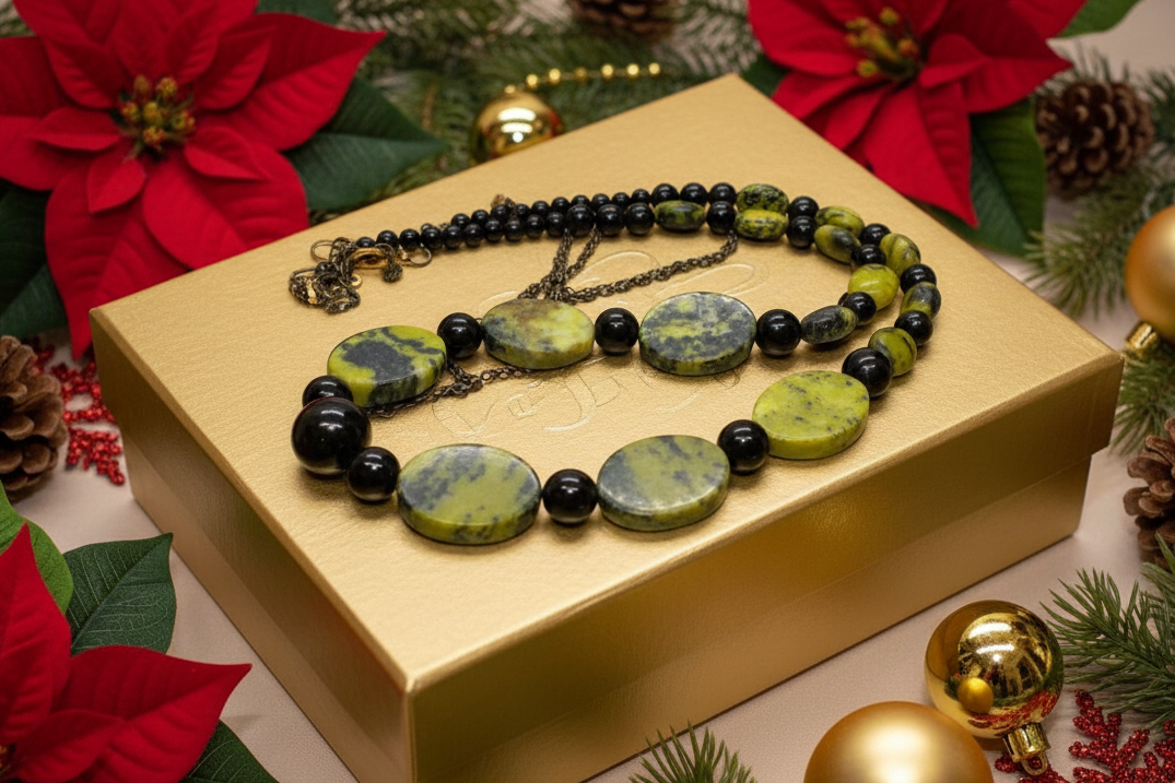 Enchanting Yellow Turquoise and Black Onyx, Semi-precious, One-of-a-Kind Necklace-handcrafted by Artistry Jewelry
