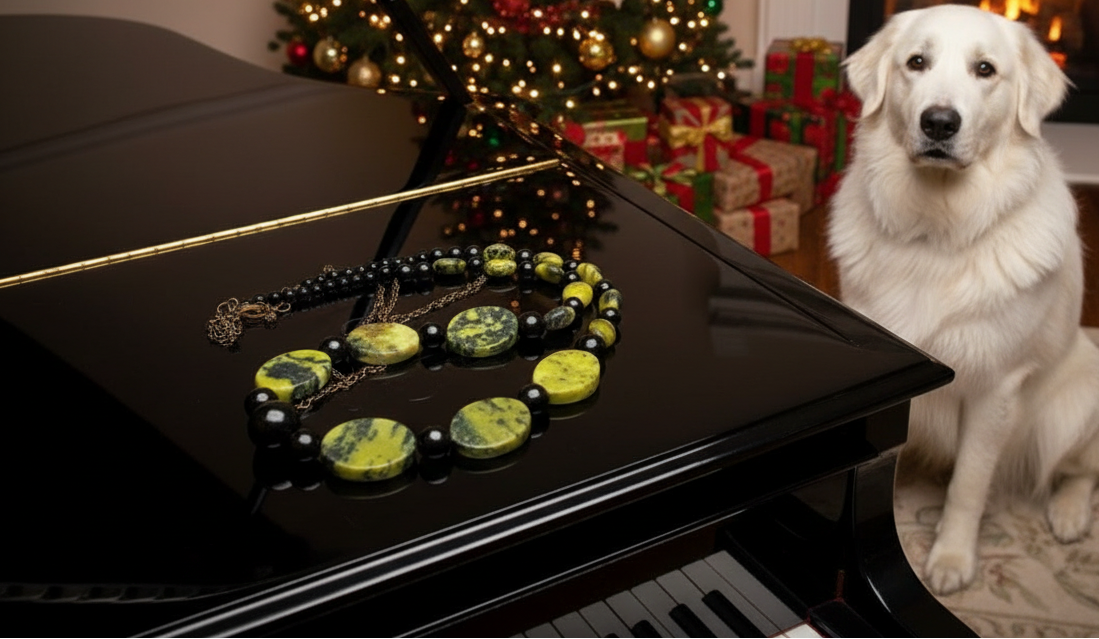 Enchanting Yellow Turquoise and Black Onyx, Semi-precious, One-of-a-Kind Necklace-handcrafted by Artistry Jewelry