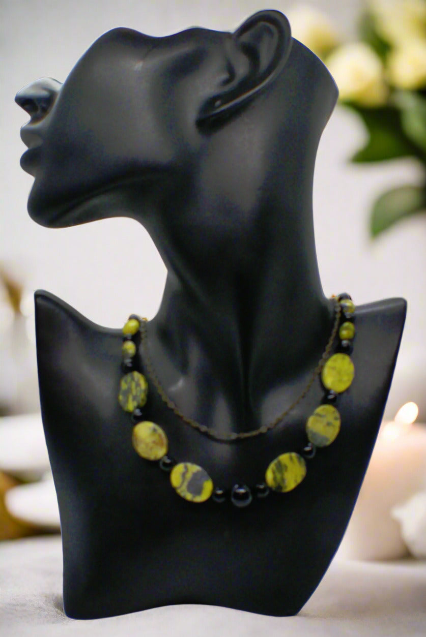 Enchanting Yellow Turquoise and Black Onyx, Semi-precious, One-of-a-Kind Necklace-handcrafted by Artistry Jewelry