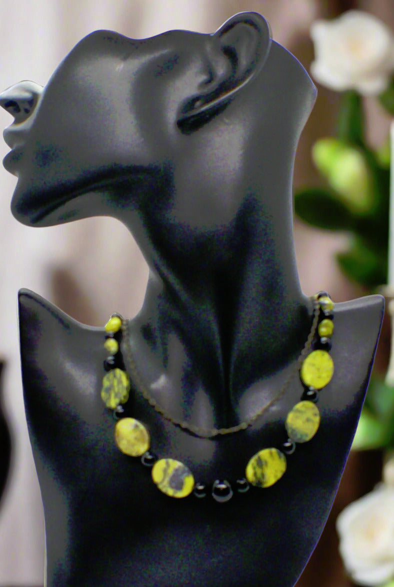 Enchanting Yellow Turquoise and Black Onyx, Semi-precious, One-of-a-Kind Necklace-handcrafted by Artistry Jewelry
