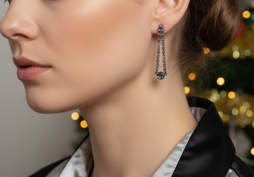 Elegant Smokey Black Rhinestone Dangle Earrings