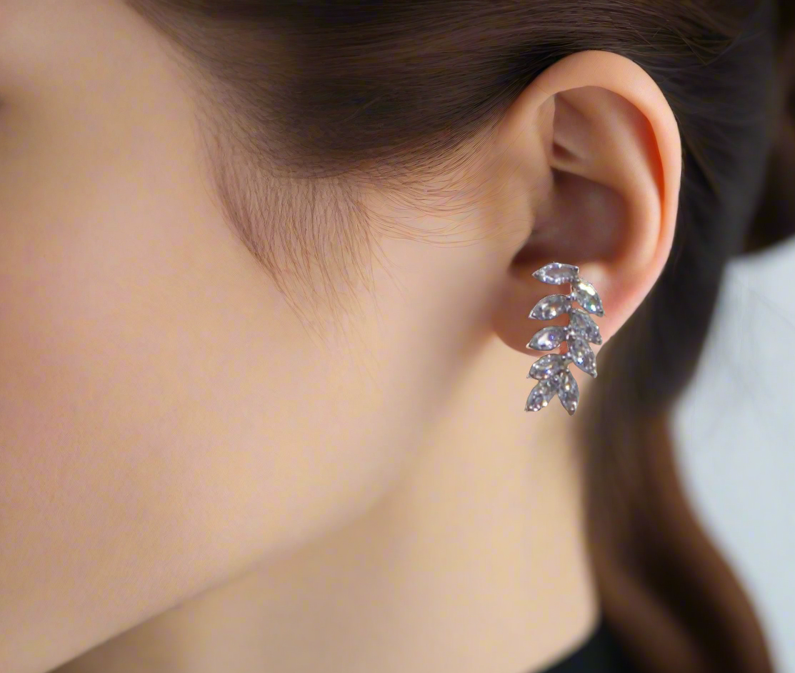 Exquisite Silver Cubic Zirconia Leaf Drop Earrings