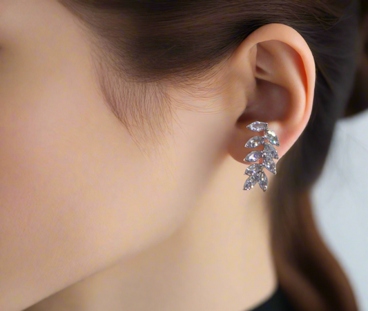 Exquisite Silver Cubic Zirconia Leaf Drop Earrings