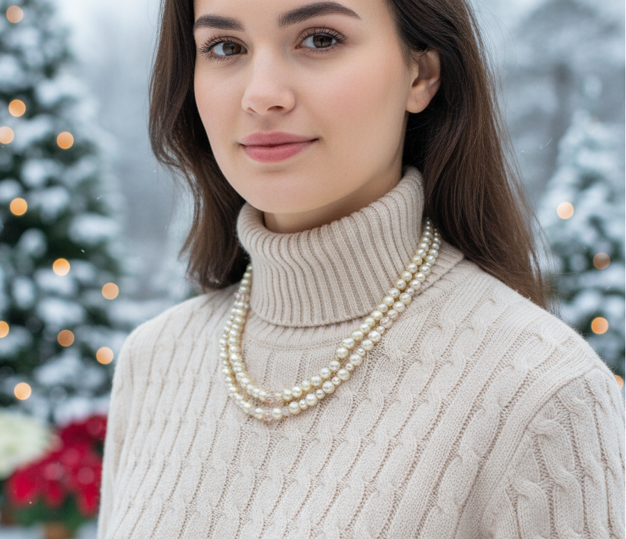 Radiant Crystal and Beige Matt Beads, Two-strand Beaded Necklace