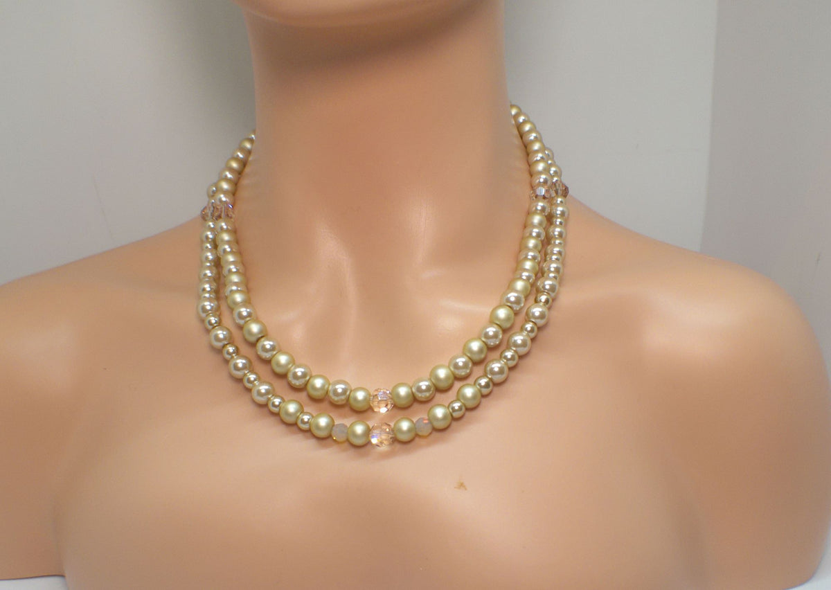 Radiant Crystal and Beige Matt Beads, Two-strand Beaded Necklace