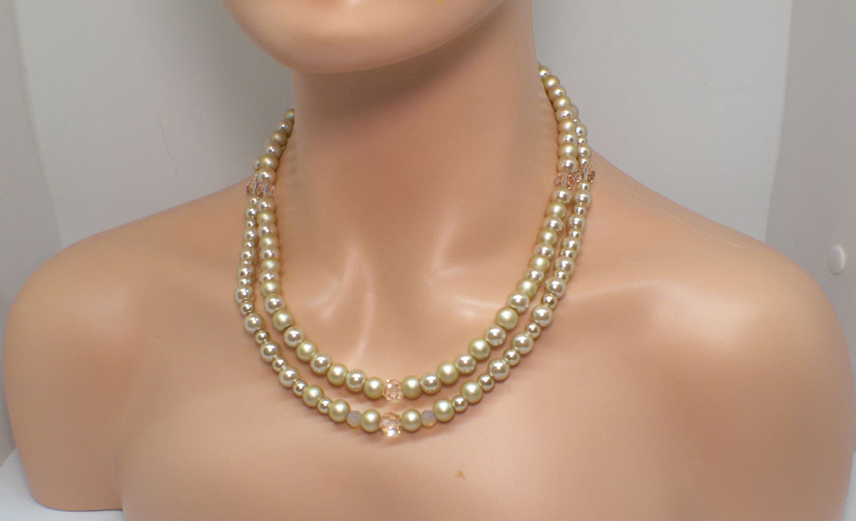 Radiant Crystal and Beige Matt Beads, Two-strand Beaded Necklace