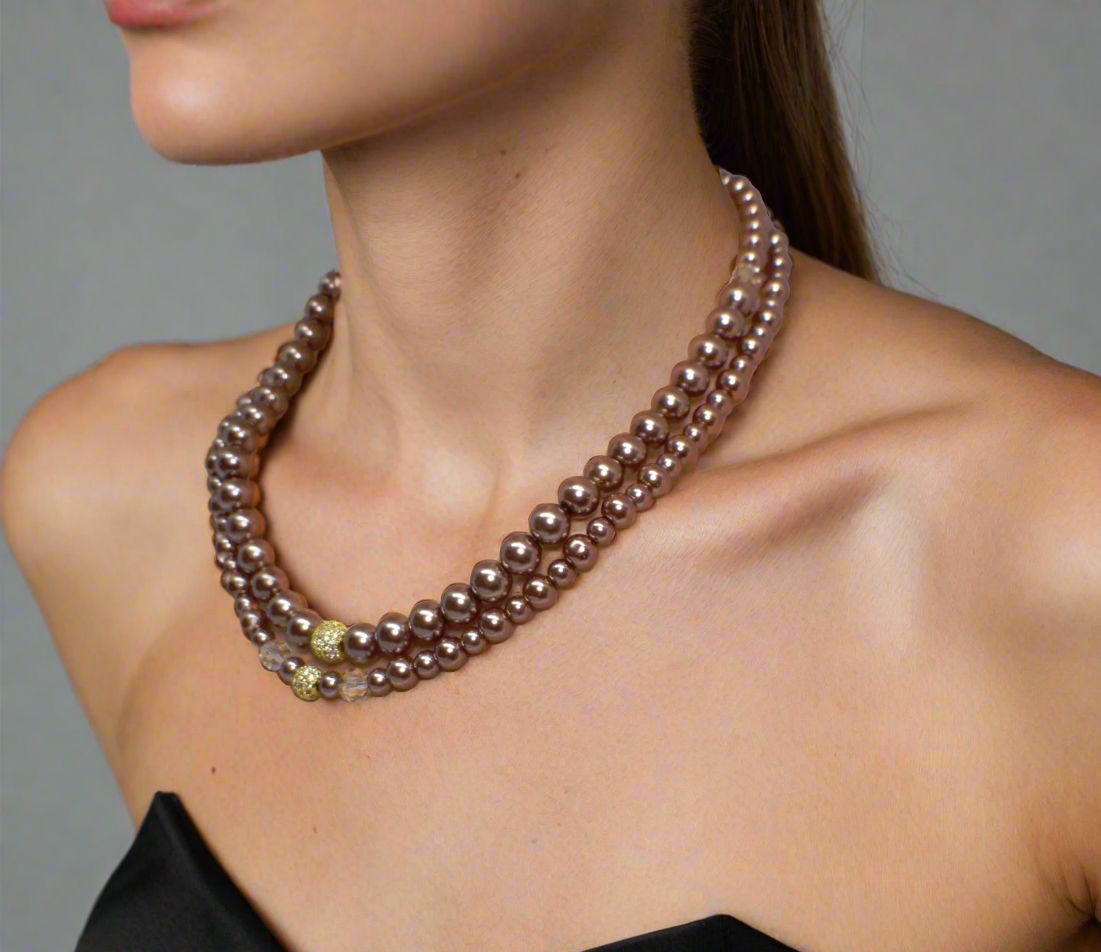 Stunning Crystal, Pearl, and Druk Two-Strand Beaded Necklace