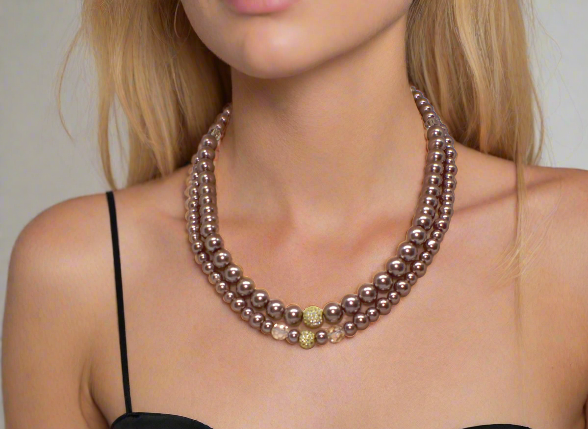 Stunning Crystal, Pearl, and Druk Two-Strand Beaded Necklace