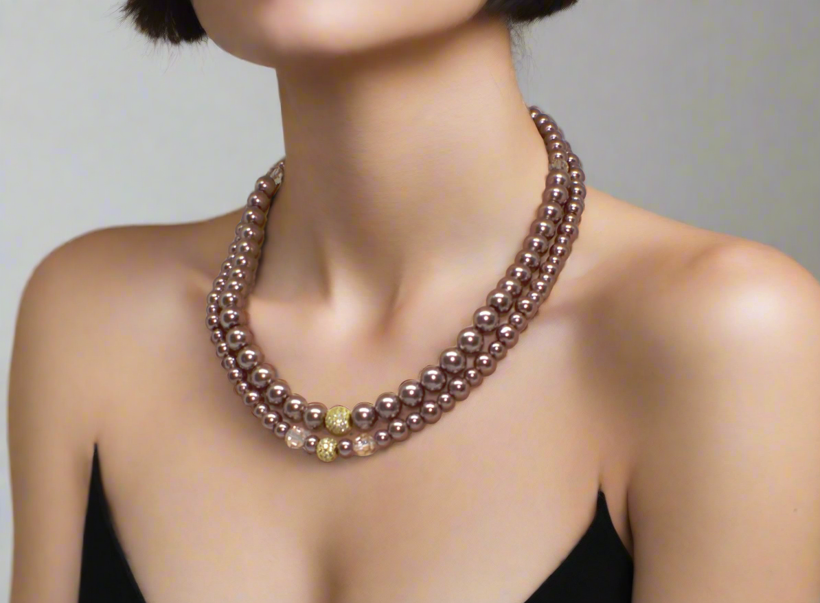 Stunning Crystal, Pearl, and Druk Two-Strand Beaded Necklace
